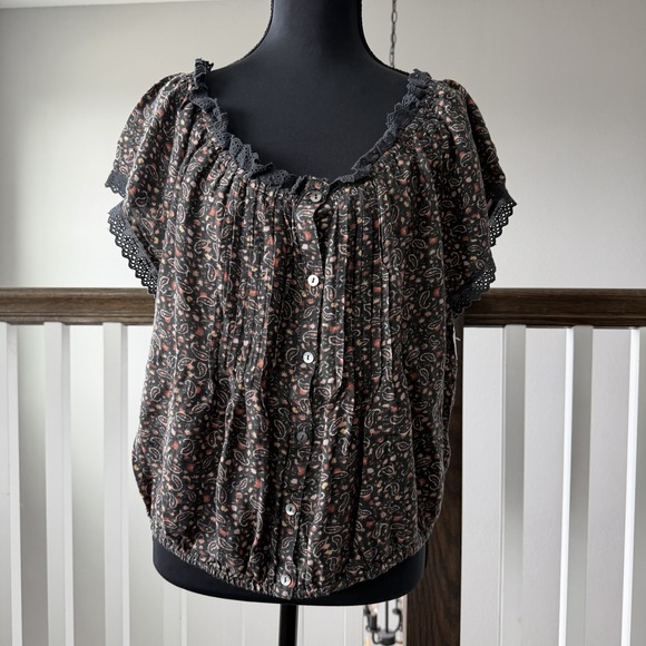 Lucky Brand Tops - Lucky Brand NWT Cottage Goth L Boho Hippie Floral Front Button Eyelet Trim Top